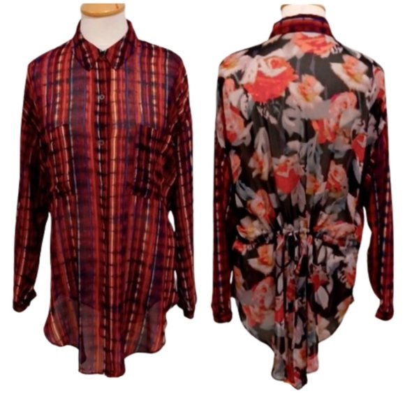 Rachel Rachel Roy Sheer Striped & Floral Long Line Boho Blouse- Sz. Med - Picture 1 of 11